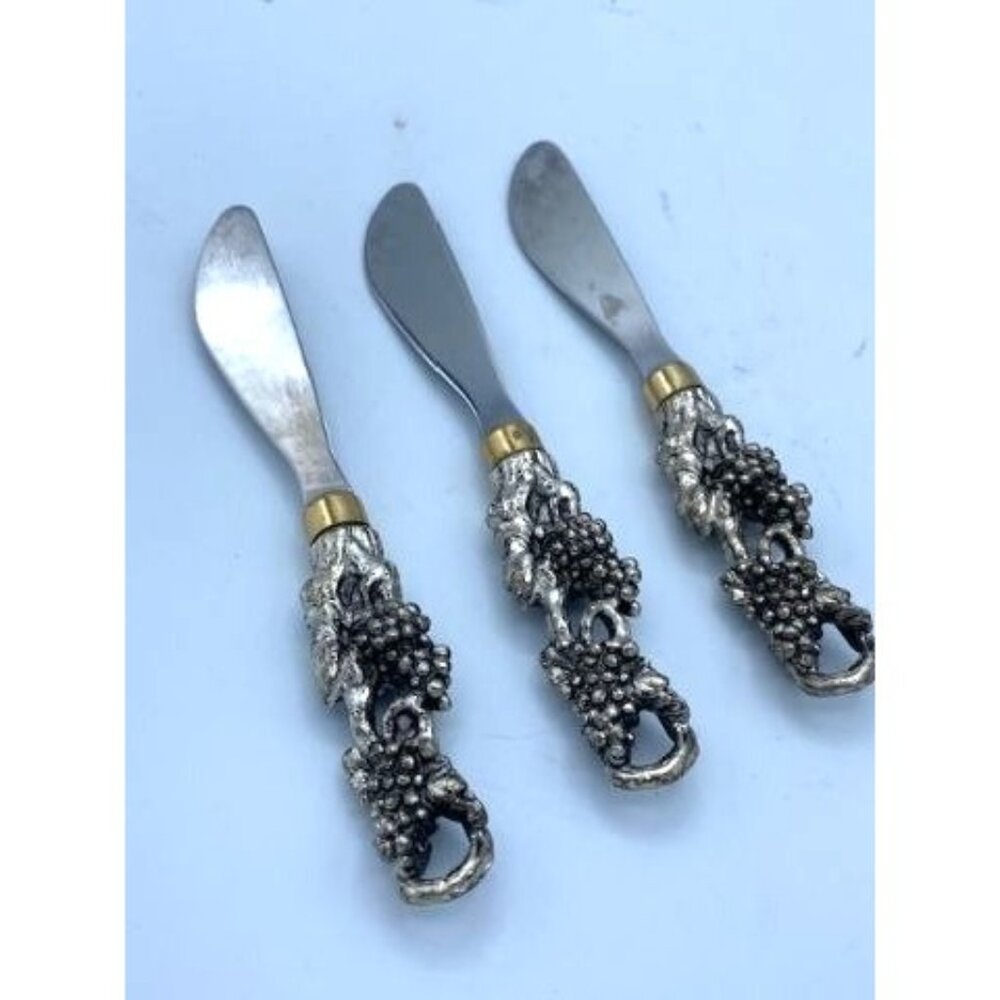 Set of Silver Cheese /Chacuterie Spreaders Ornate Handles Raised Grapes /Set 3